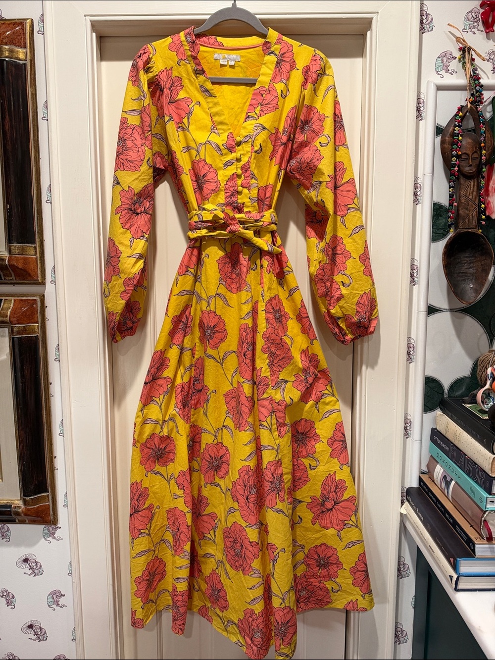 Boden Women's Yellow Floral Wrap Midi Dress with Tie Waist